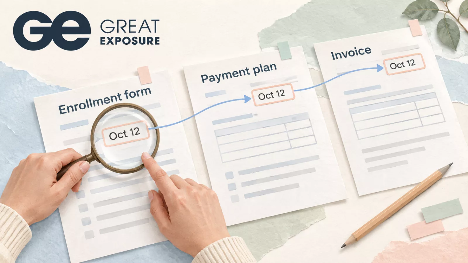 Magnifying glass checking a date on an enrollment form that has been copied onto a payment plan and an invoice.
